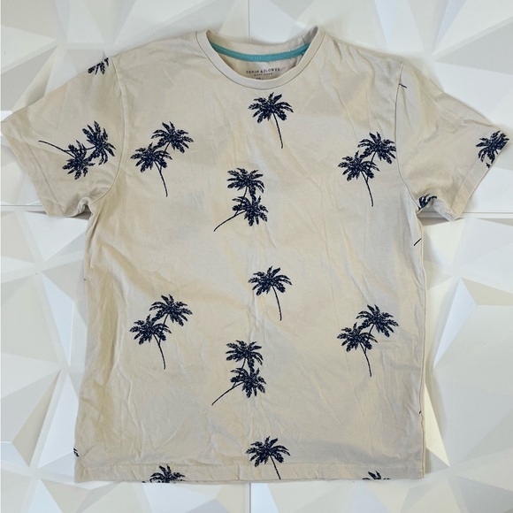 🔵 Denim & Flower Beige Shirt with Navy Palm Print🏝️ Size:L - Picture 8 of 9